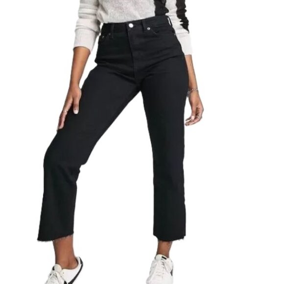 Topshop NEW 26 US 4 Black Straight Jeans Raw Hem 26" Inseam Crop High Waist - Picture 1 of 9